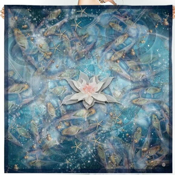 Goldfish Pond & Lotus Flower Square Pure Silk Scarf - Picture 2 of 10